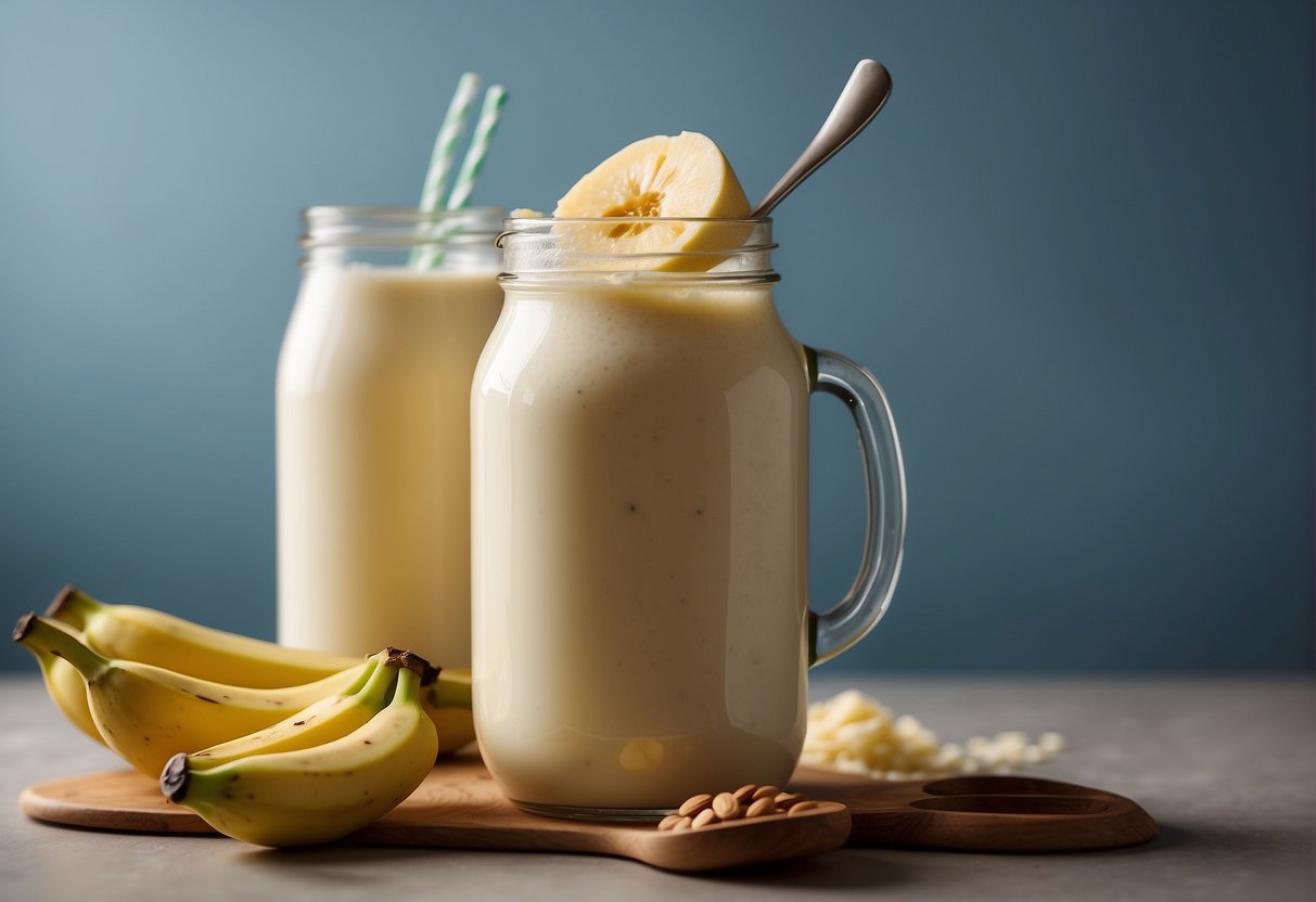 A ripe banana being blended with almond milk in a glass jar, with a spoon nearby