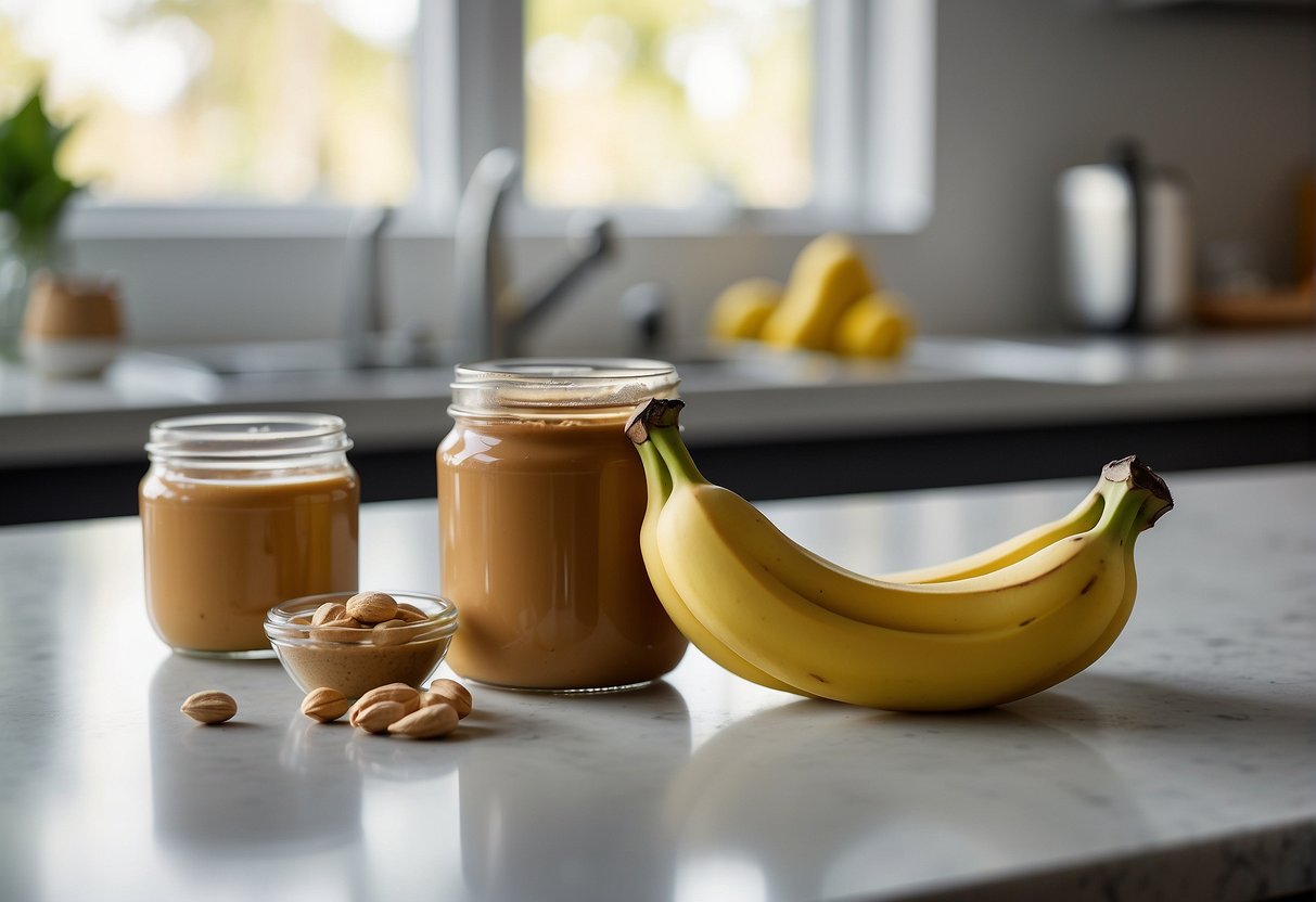 A ripe banana and jar of peanut butter sit on a kitchen counter, with a mixing bowl and spoon nearby
