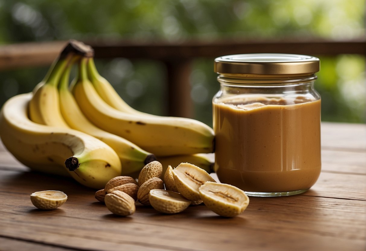 A ripe banana and a jar of peanut butter sit on a wooden table, ready to be mixed together for a nutritious and delicious snack