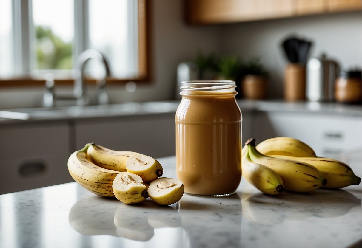 A jar of peanut butter sits next to a bunch of ripe bananas on a clean kitchen counter, ready to be mixed together