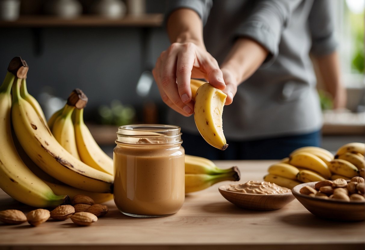 A hand reaches for a ripe banana and a jar of peanut butter on a kitchen counter. The two items are positioned next to each other, ready to be mixed together