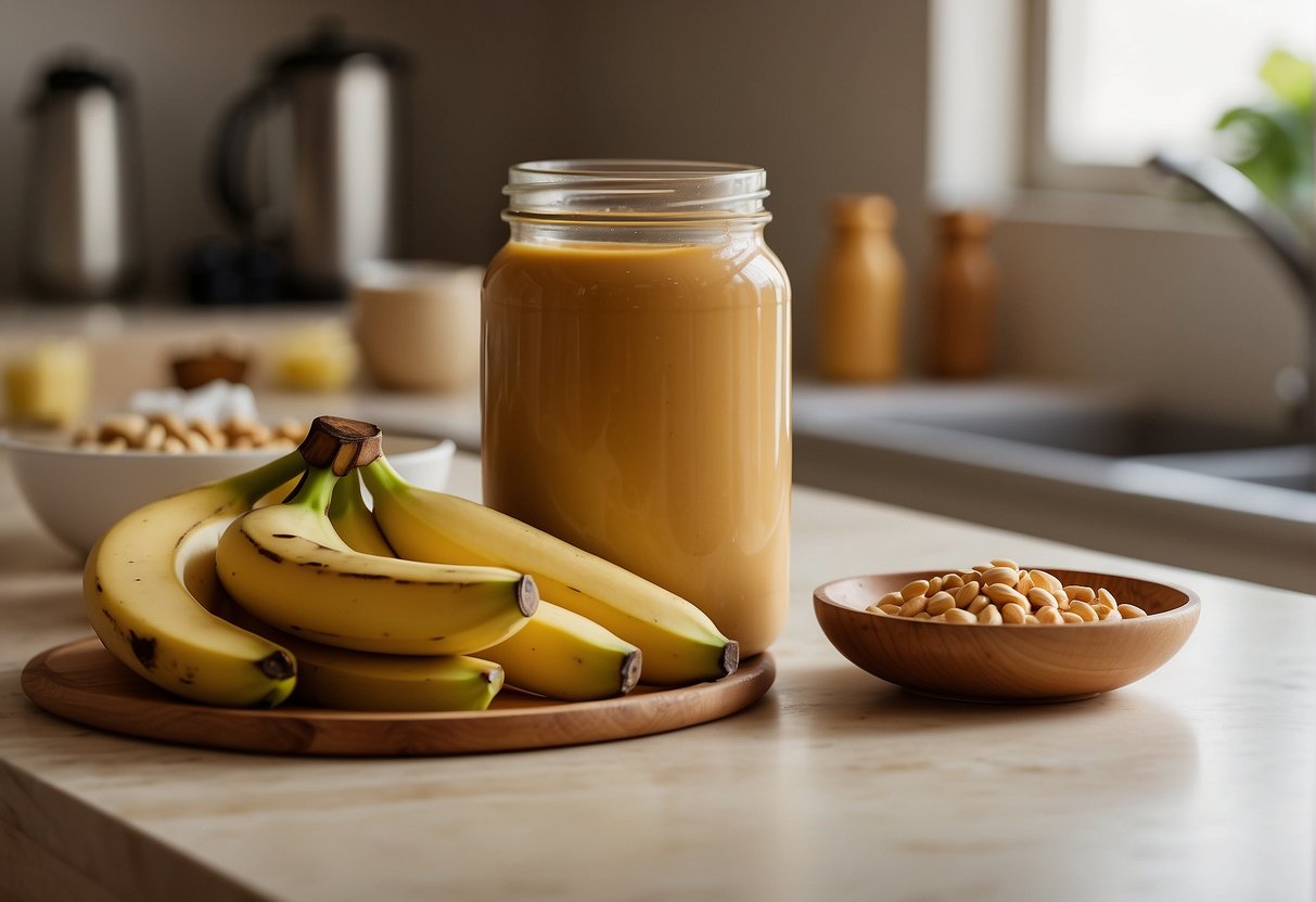 Banana and peanut butter jars on a kitchen counter, with a mixing spoon nearby
