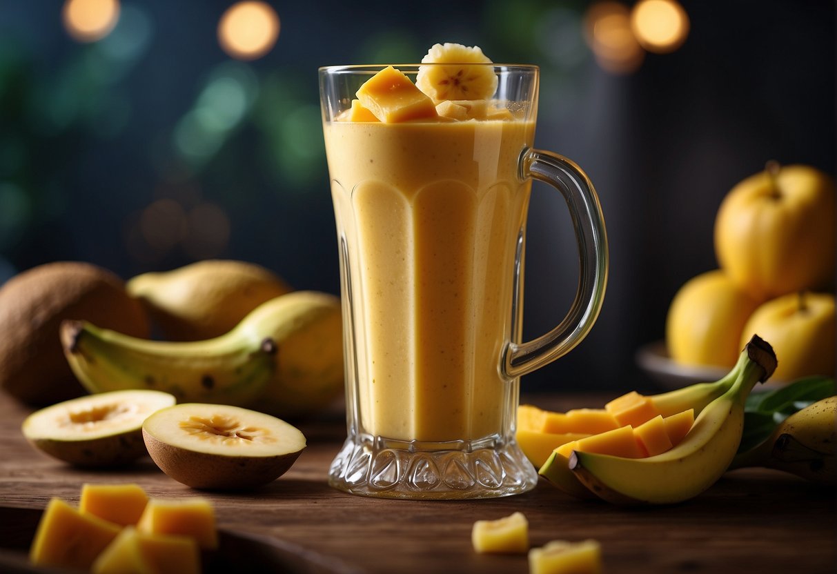 A blender whirs as ripe banana and mango chunks swirl together in a glass, creating a vibrant and delicious smoothie