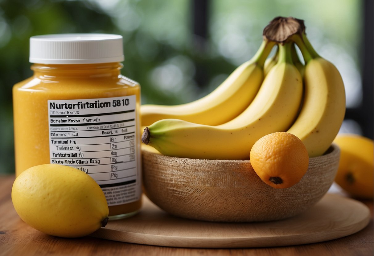 Banana and mango sit together, surrounded by text of nutritional information and health benefits