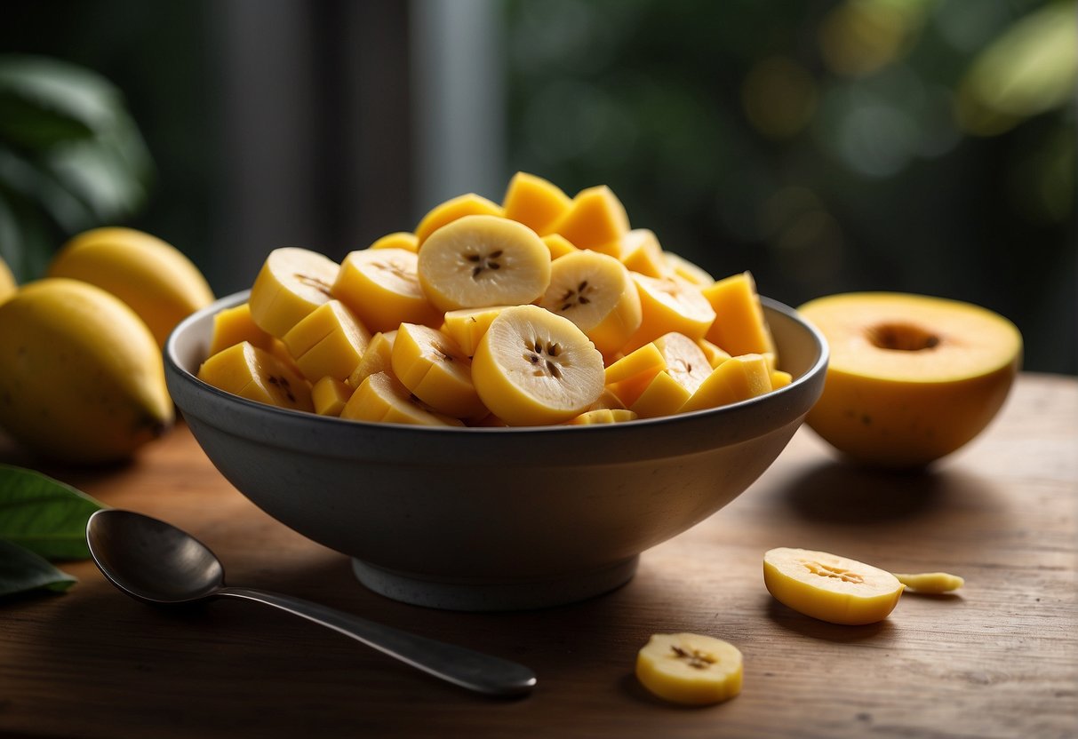 A bowl of sliced bananas and mangoes, with a spoon mixing them together. Another bowl of mixed fruit sits nearby for storage