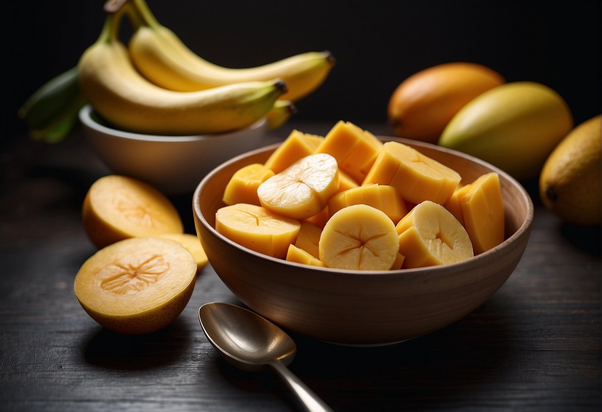A bowl of sliced bananas and mangoes, with a mixing spoon nearby