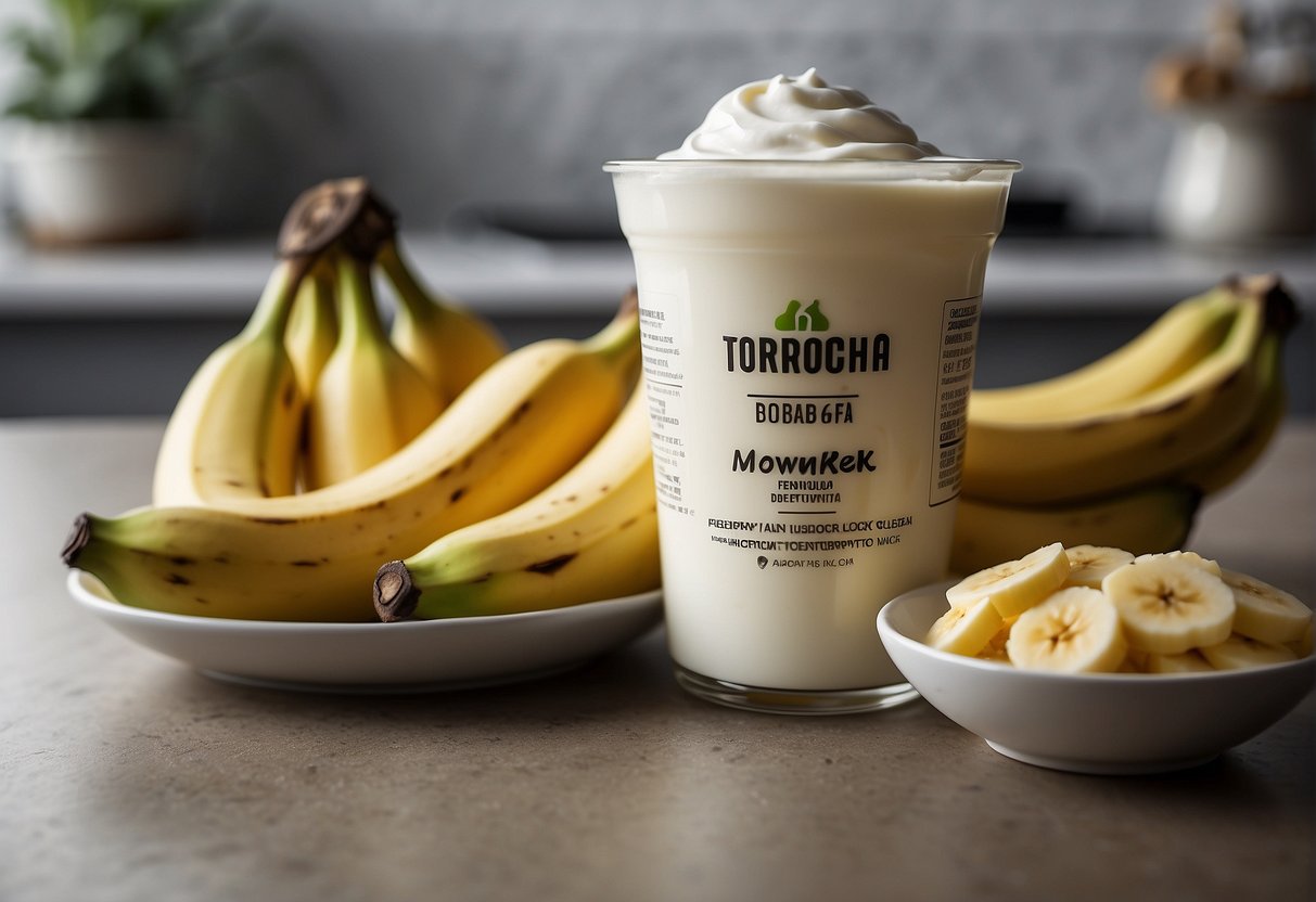 A ripe banana and a container of yogurt placed next to each other on a kitchen counter