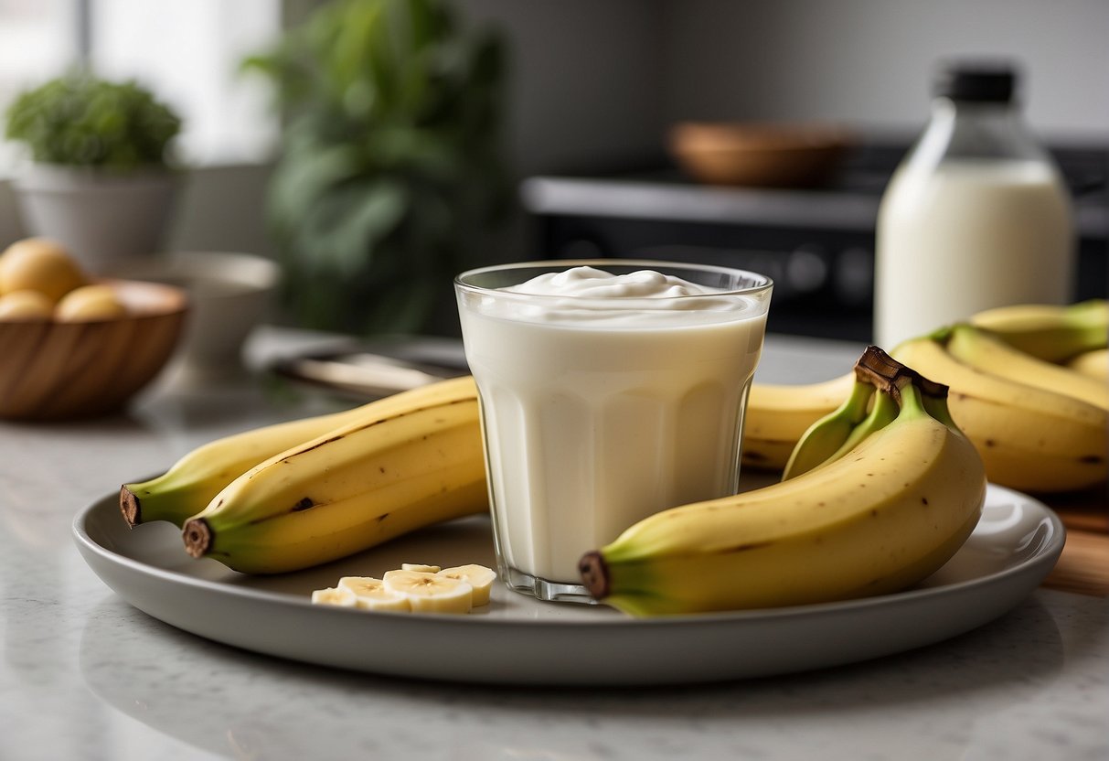 Banana and yogurt sit on a kitchen counter, ready to be mixed together. Recipe books and cooking utensils are scattered around, suggesting various ideas for their combination