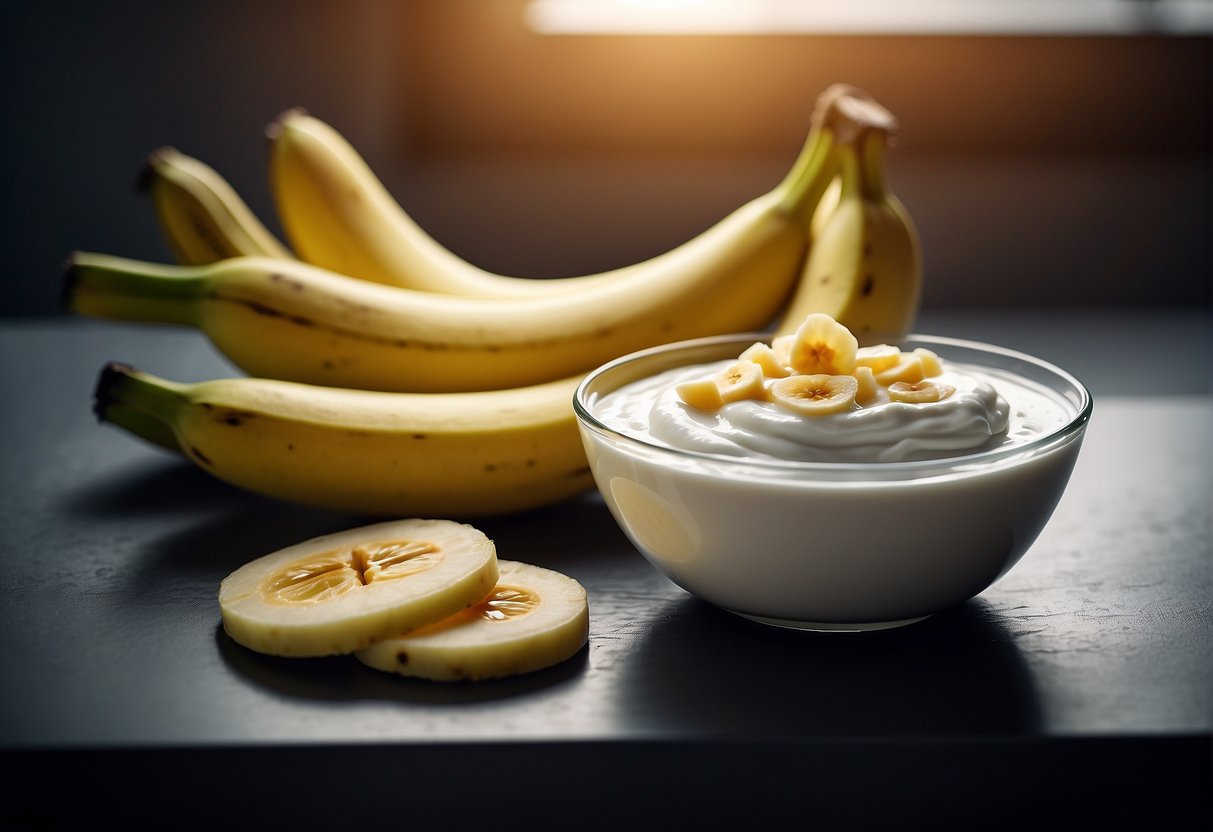 A bowl of sliced bananas and a container of yogurt placed next to each other