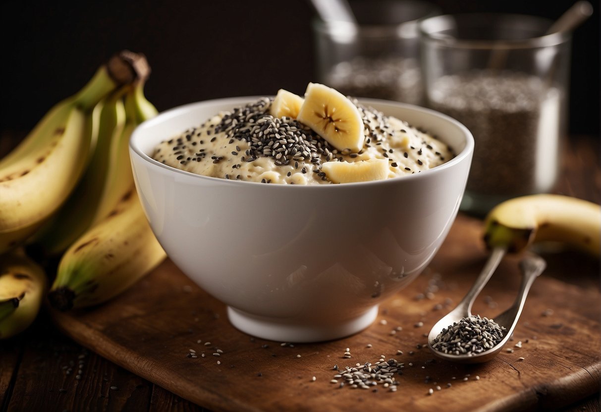 A bowl of mashed bananas with scattered chia seeds, a spoon mixing them together