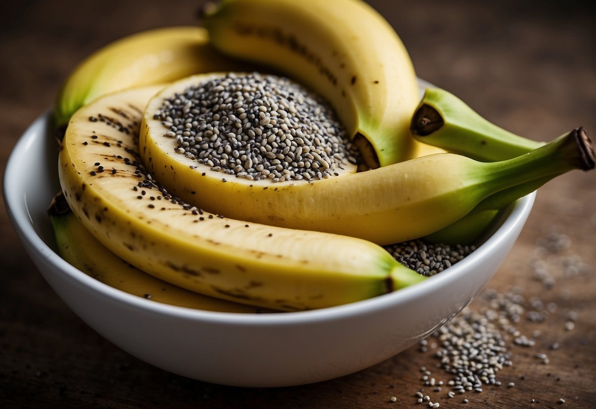 A ripe banana is being sliced and sprinkled with chia seeds in a small bowl