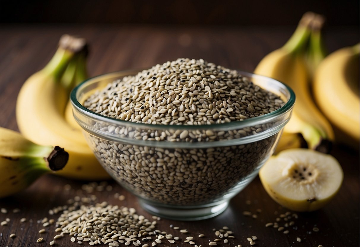 Banana and chia seeds in a mixing bowl