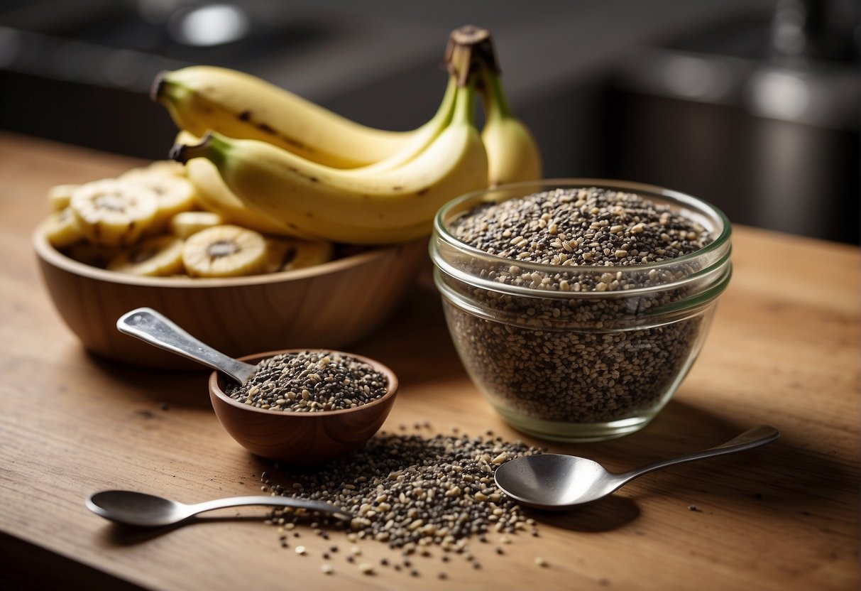 Banana and chia seeds sit on a kitchen counter, with a bowl and spoon nearby. A container of leftovers is open, and various food items are being combined and stored
