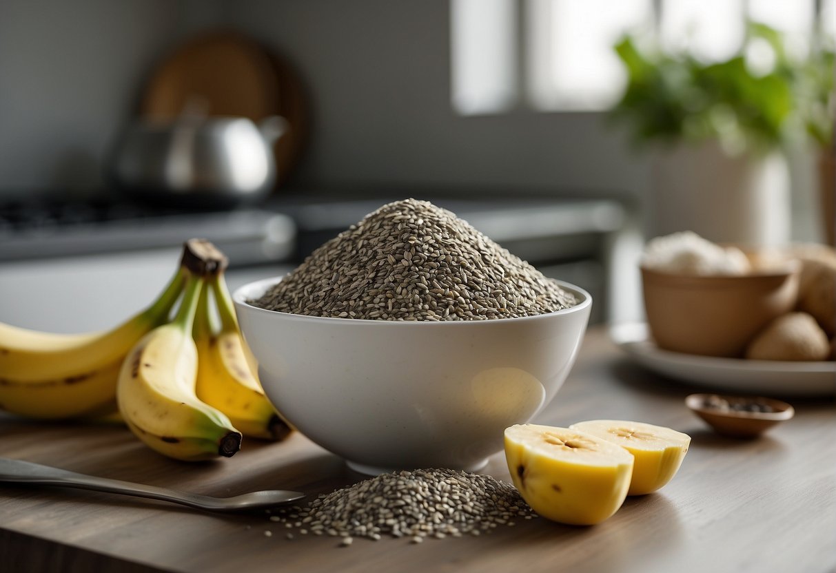 Banana and chia seeds on a kitchen counter, with a mixing bowl and spoon nearby