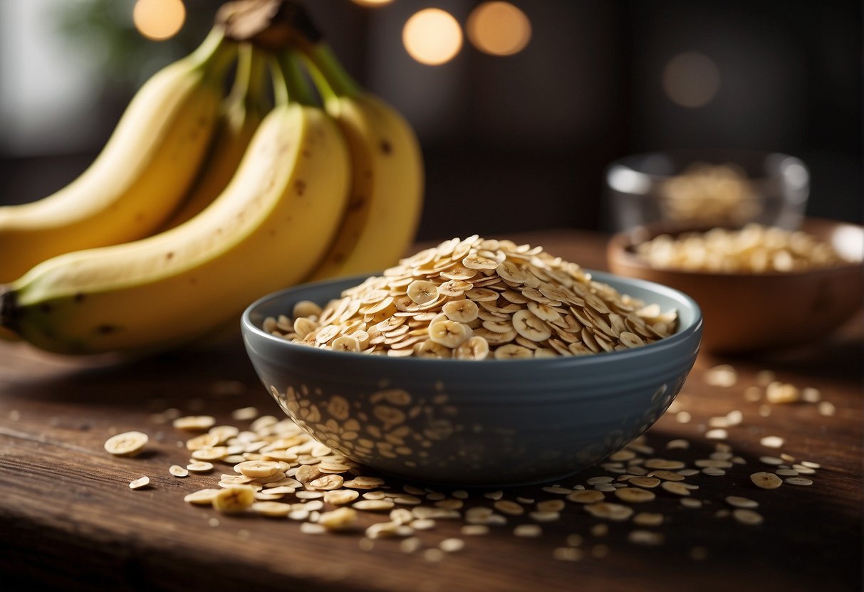 Banana and oats being mixed in a bowl with a spoon