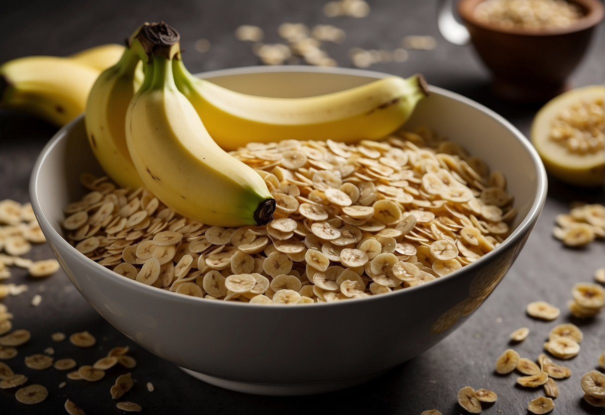 Banana and oats in a mixing bowl. A spoon stirring them together. Ingredients scattered around