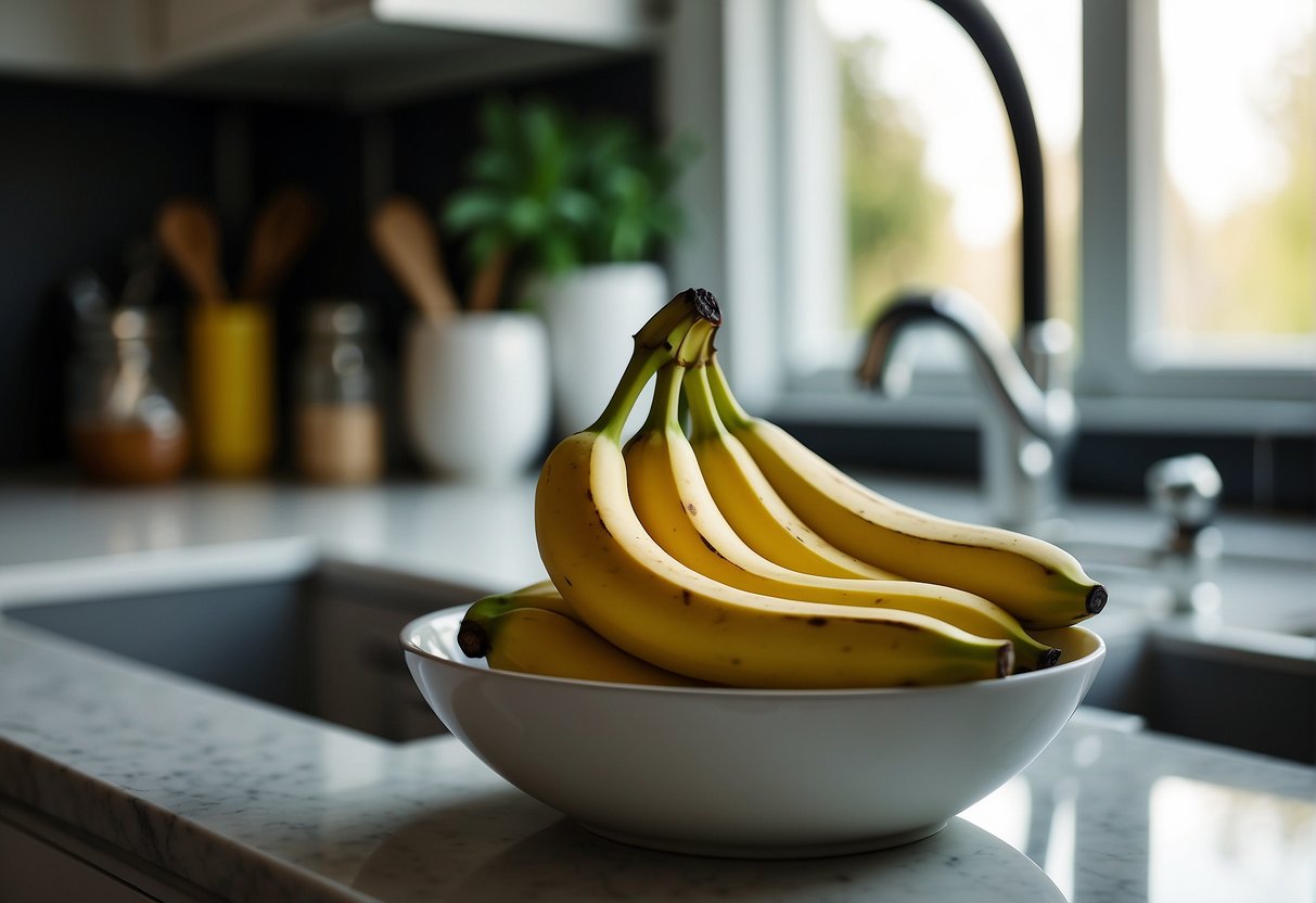 A ripe banana and a bowl of oats are placed next to each other on a clean kitchen counter