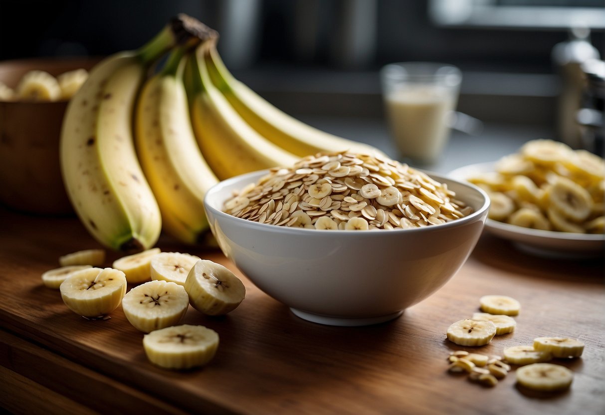A bowl of oats and a bunch of bananas sit on a kitchen counter, suggesting the possibility of mixing the two ingredients together