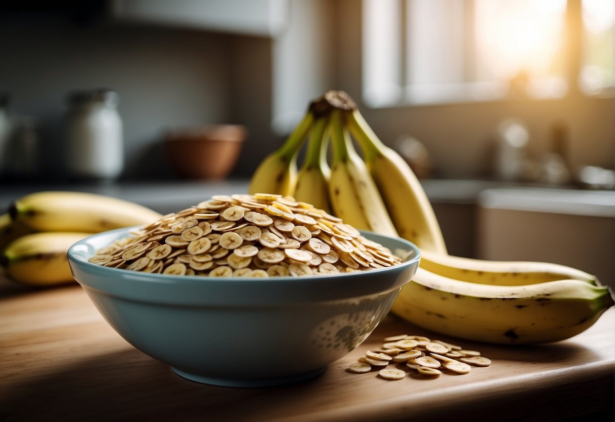 A bowl of oats and a bunch of bananas sit side by side on a kitchen counter