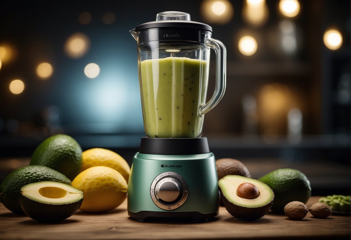 A blender mixes ripe banana and avocado into a creamy smoothie