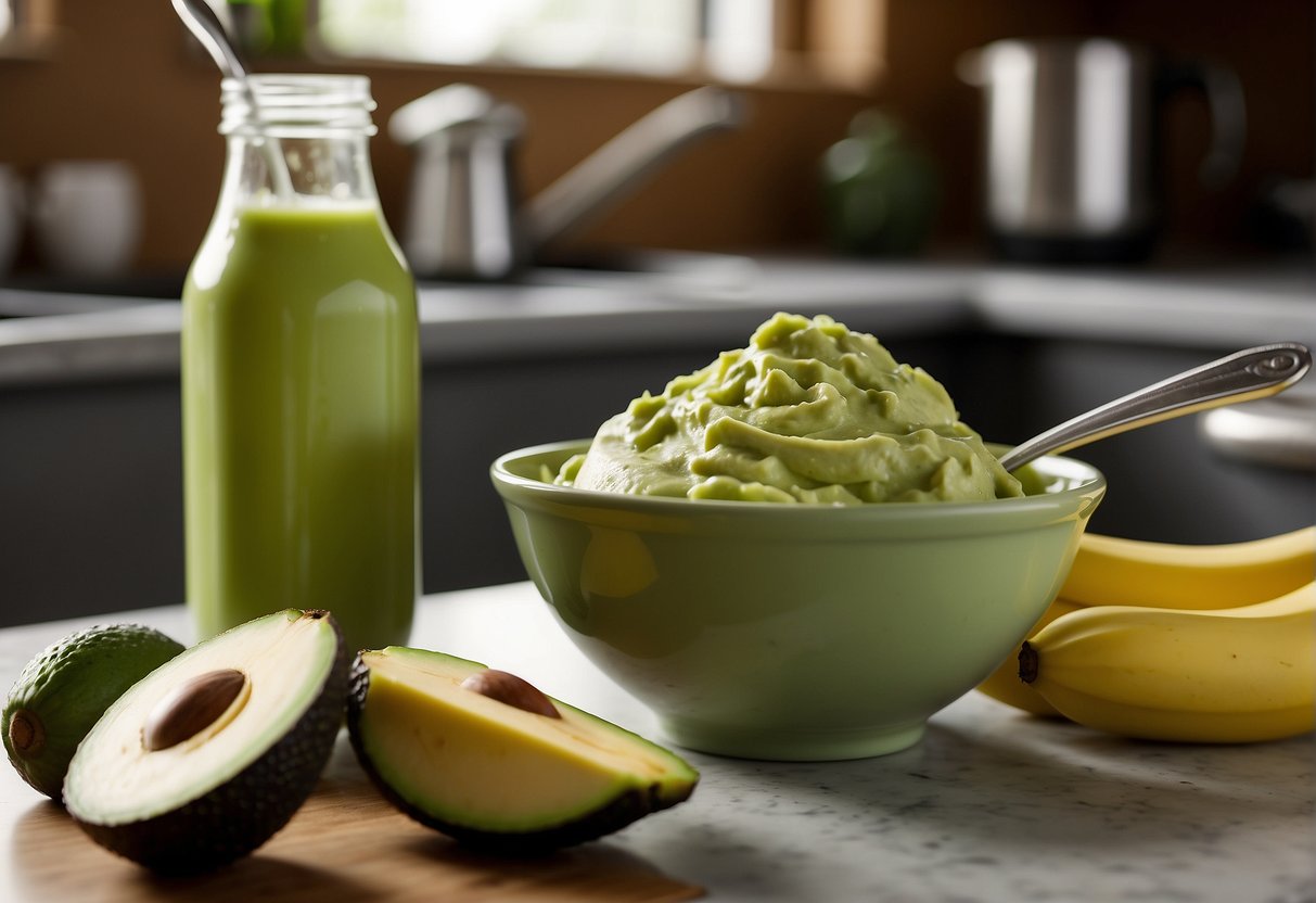 A bowl of mashed avocado and banana sits on a kitchen counter, surrounded by fresh fruit and a blender. A spoon rests in the mixture, ready for consumption