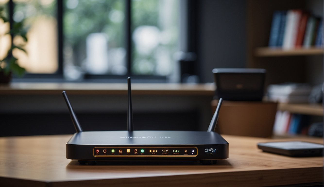 A router sits on a desk, emitting wireless signals. Various devices, such as laptops and smartphones, connect to the network. The book "Understanding Wi-Fi" is open nearby