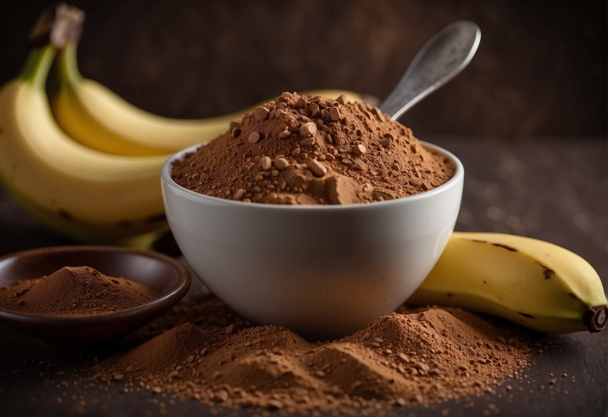 A ripe banana and a spoonful of cocoa powder are being mixed together in a bowl
