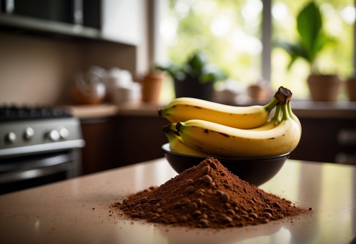 A ripe banana and a pile of cocoa powder sit side by side on a kitchen counter, ready to be mixed together for a delicious recipe