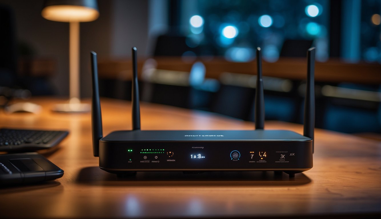 A router sits on a desk, emitting wireless signals. Multiple devices connect to it, symbolizing a secure and efficient wireless network