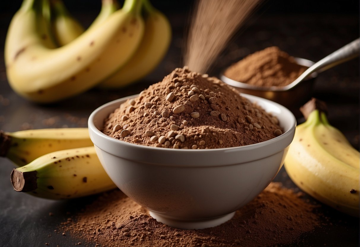 A bowl of mashed bananas with cocoa powder being sprinkled on top, followed by the mixture being stored in an airtight container