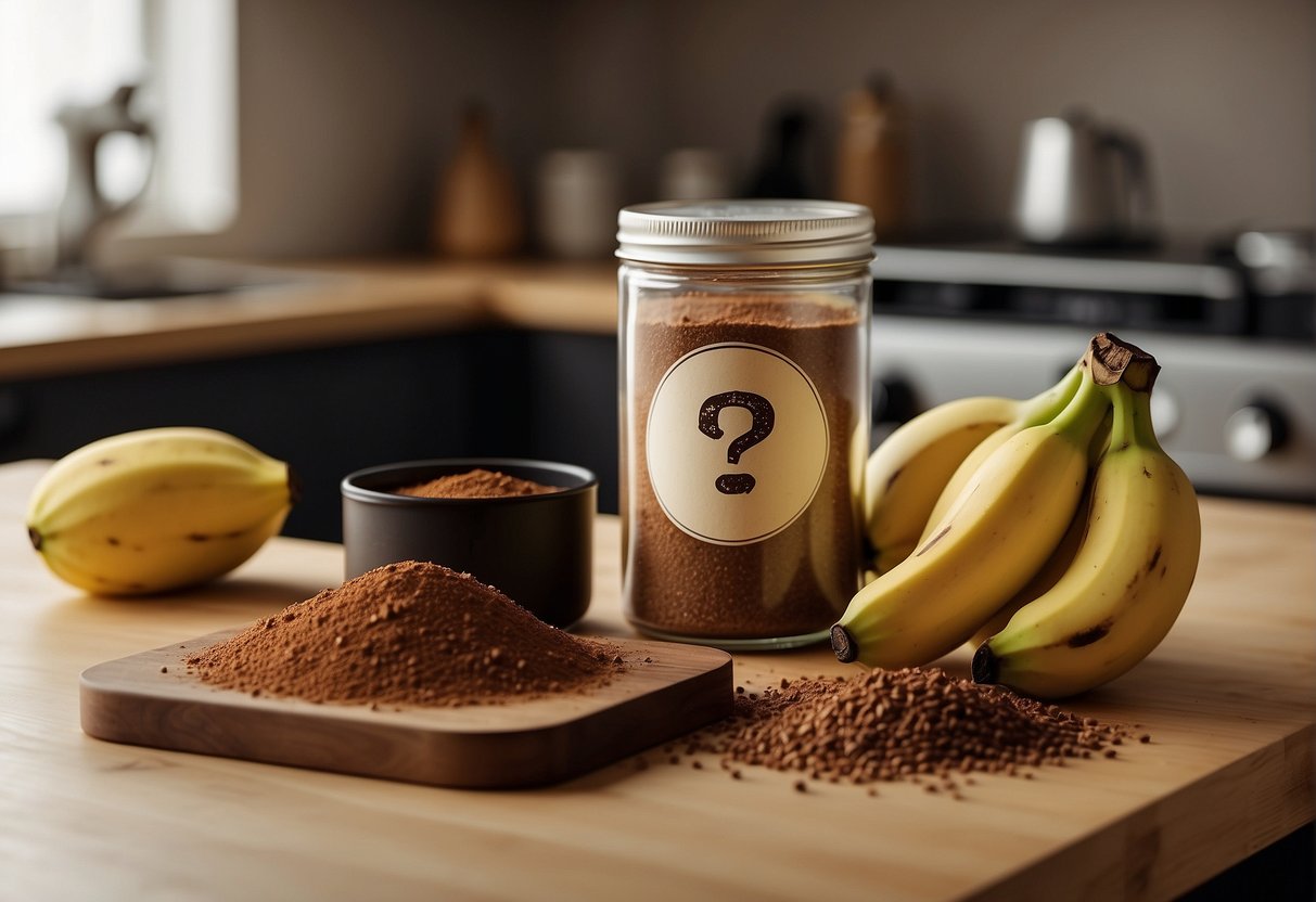 A banana and a container of cocoa powder sit on a kitchen counter, with a question mark hovering above them