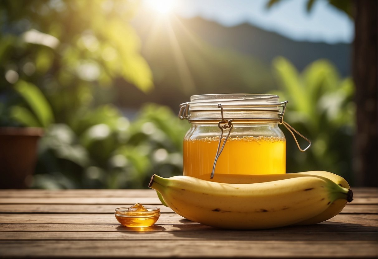A ripe banana and a jar of honey sit on a wooden table, ready to be mixed together