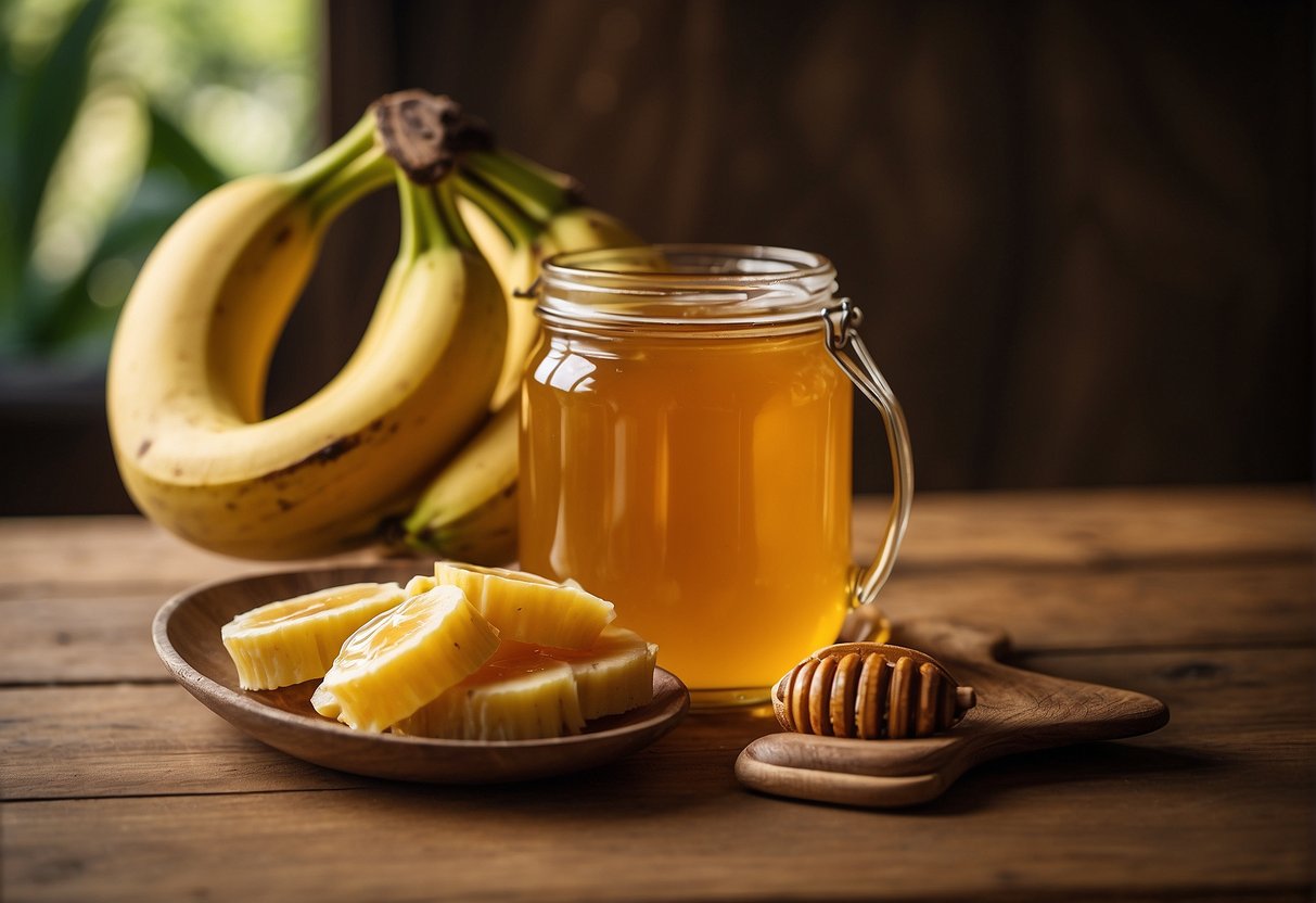 A ripe banana and a jar of honey sit side by side on a wooden table, ready to be mixed together for a nutritious and delicious treat