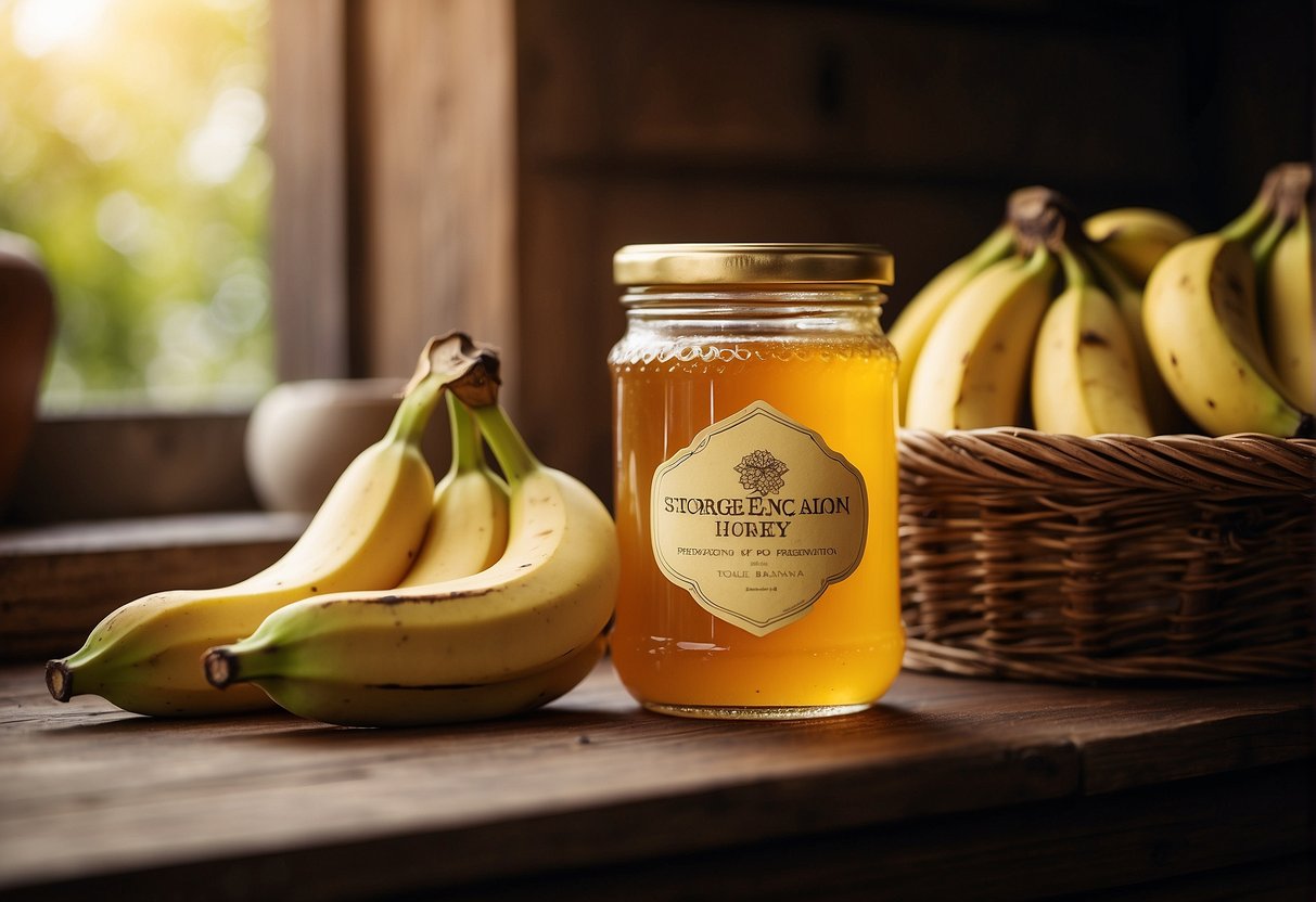 A jar of honey and a bunch of bananas sit on a shelf, with a label indicating "Storage and Preservation."