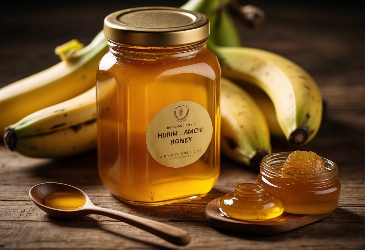 A ripe banana and a jar of honey sit on a wooden table, with a spoon resting beside them