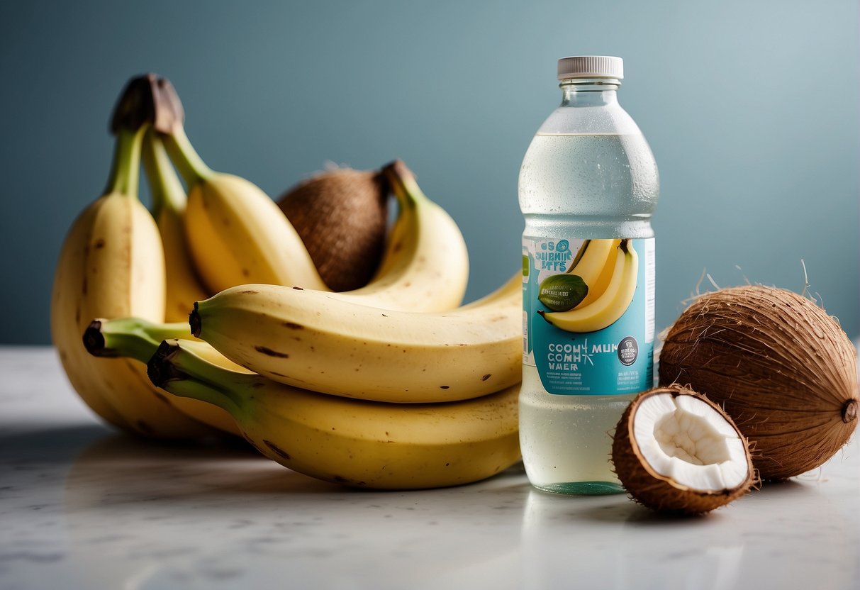 A ripe banana and a bottle of coconut water sit side by side on a clean, white countertop