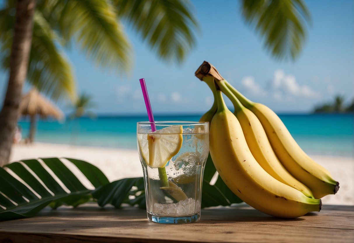 A ripe banana sits next to a glass of coconut water, both surrounded by tropical leaves and a beach setting