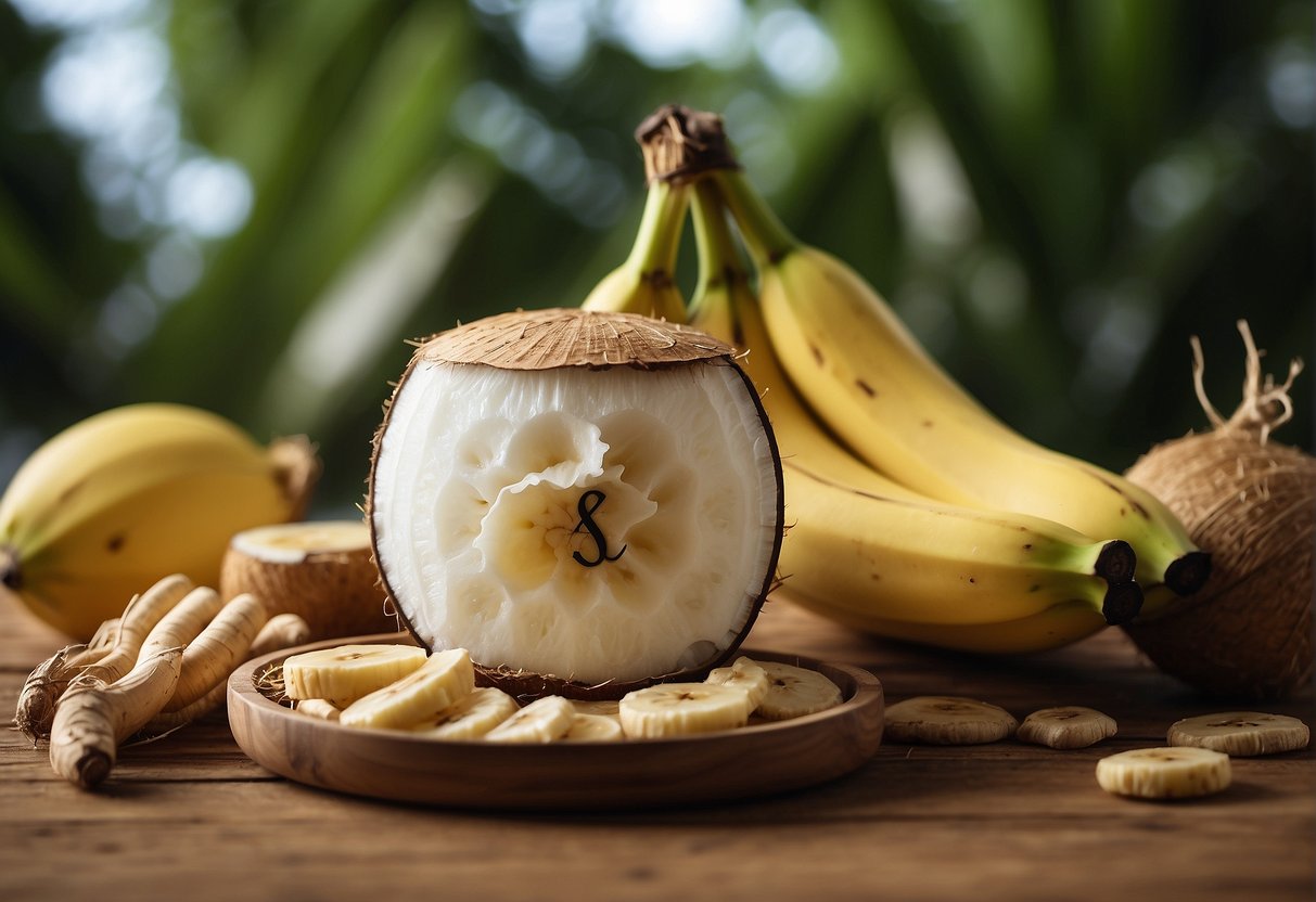 A ripe banana and a coconut with a straw in it, surrounded by question marks and a medical cross symbol