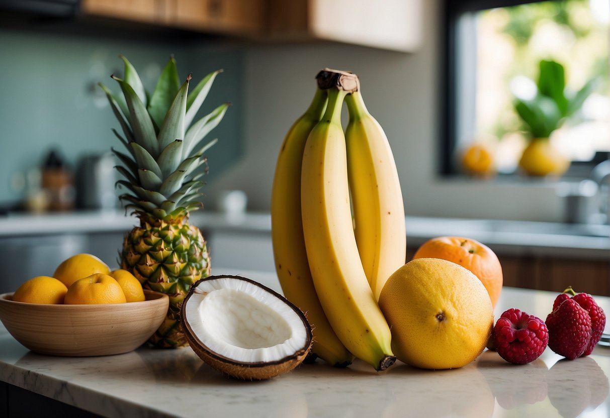 A ripe banana and a bottle of coconut water sit on a countertop, surrounded by colorful fruits and a blender