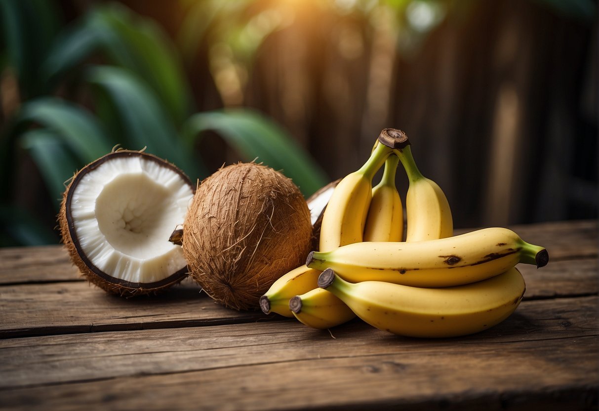 A ripe banana and a coconut with a straw in it, placed next to each other on a wooden table