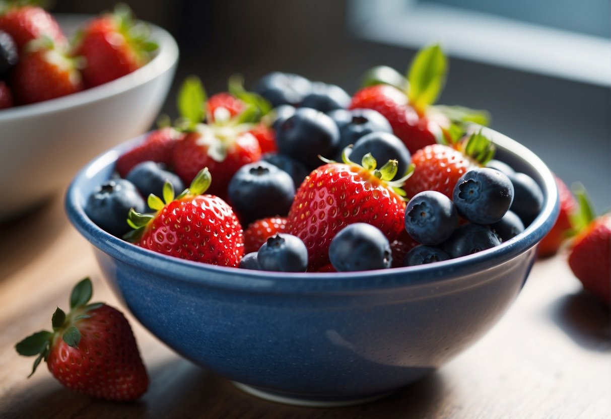 A mixing bowl with blueberries and strawberries blending together