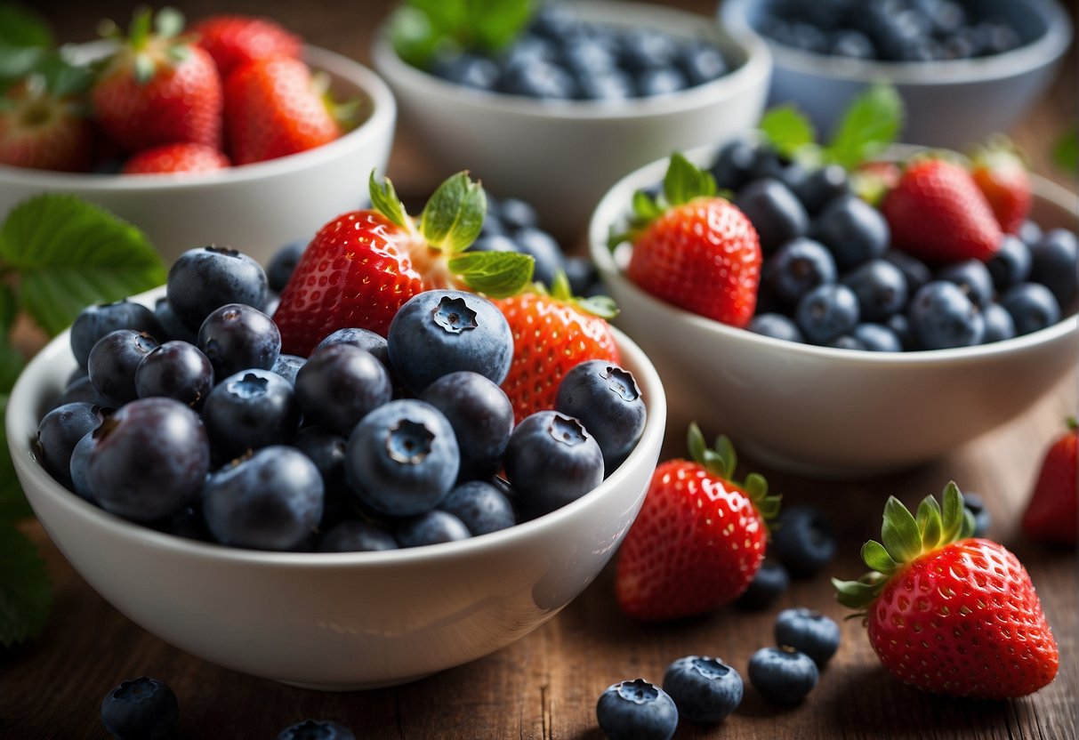 Blueberries and strawberries arranged in separate bowls, ready to be mixed together