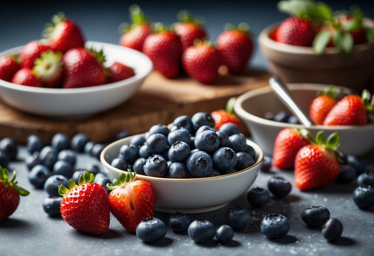 Blueberries and strawberries mixed in a bowl, surrounded by ingredients and utensils for dessert making