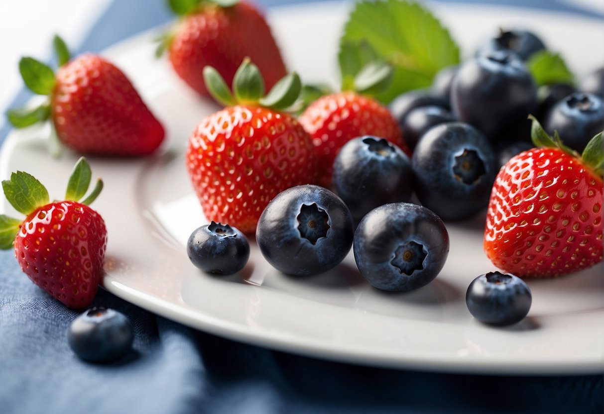 Blueberries and strawberries arranged on a white platter, with blueberries on one side and strawberries on the other. The platter is garnished with mint leaves for a pop of color