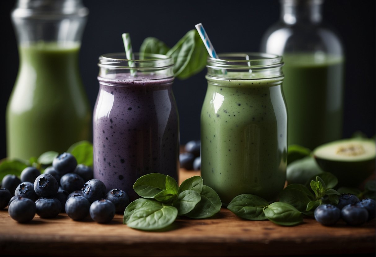 Blueberries and spinach are being blended together in a smoothie