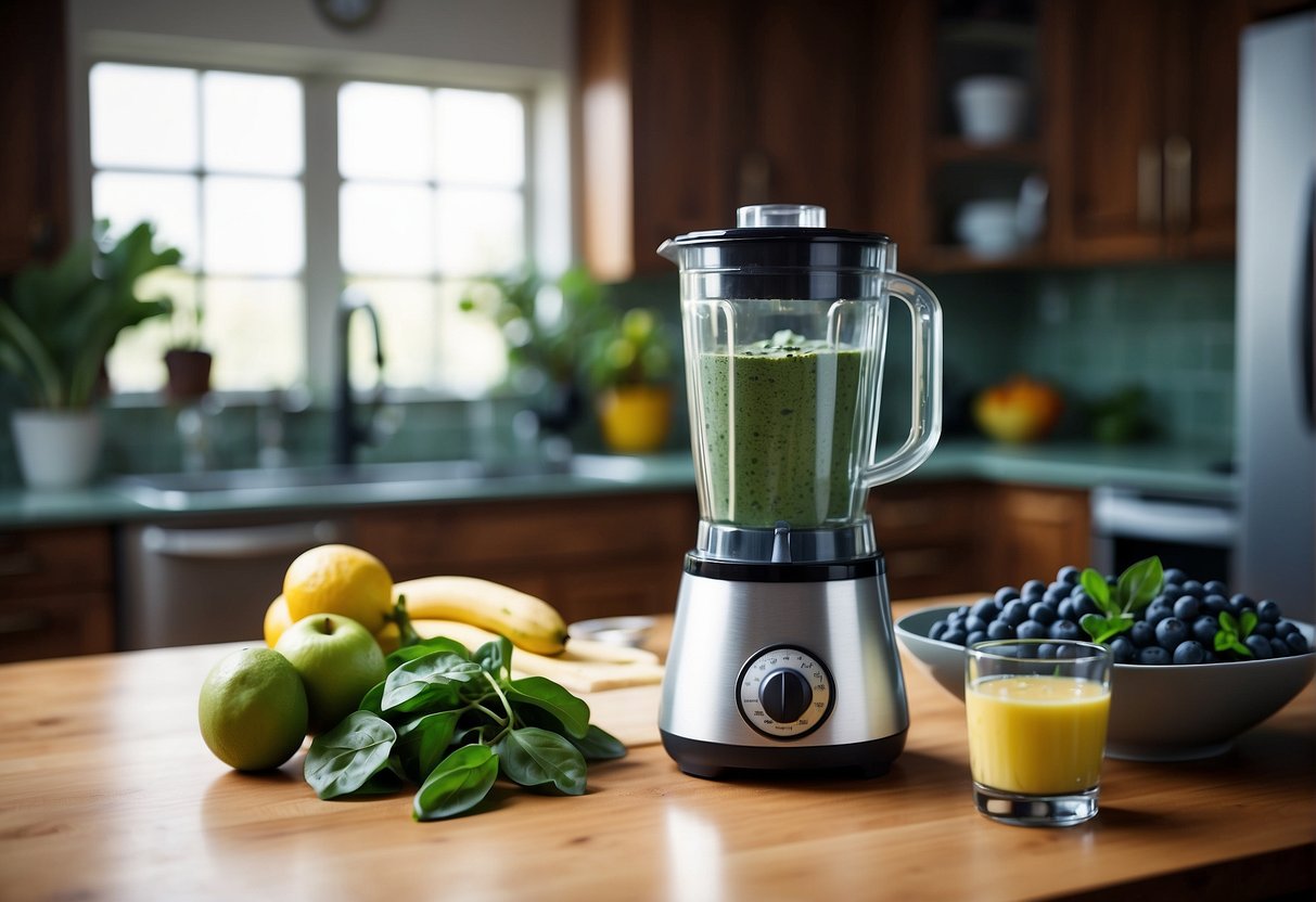 A blender sits on a kitchen counter, surrounded by fresh blueberries and spinach. A glass jar with a lid is nearby, ready for storing the finished smoothie