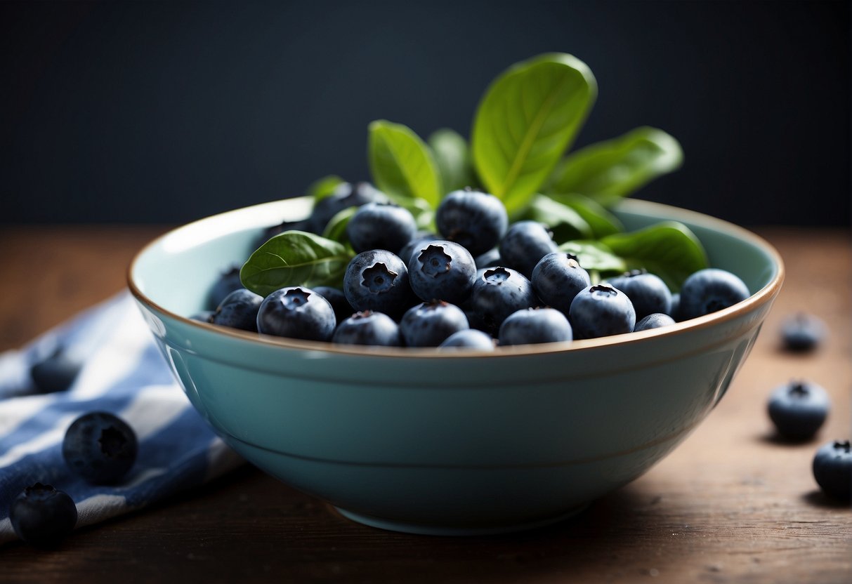 Blueberries and spinach in a bowl, with a mixing spoon nearby