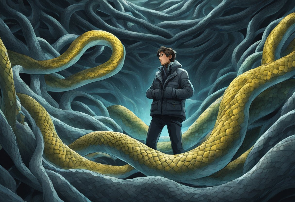 A person stands frozen, surrounded by writhing snakes in a dark, claustrophobic space