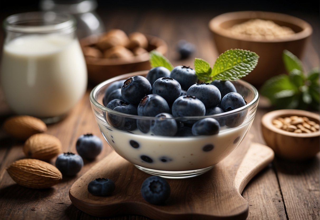 Blueberries and almond milk are being mixed in a glass bowl. A wooden spoon is stirring the ingredients together