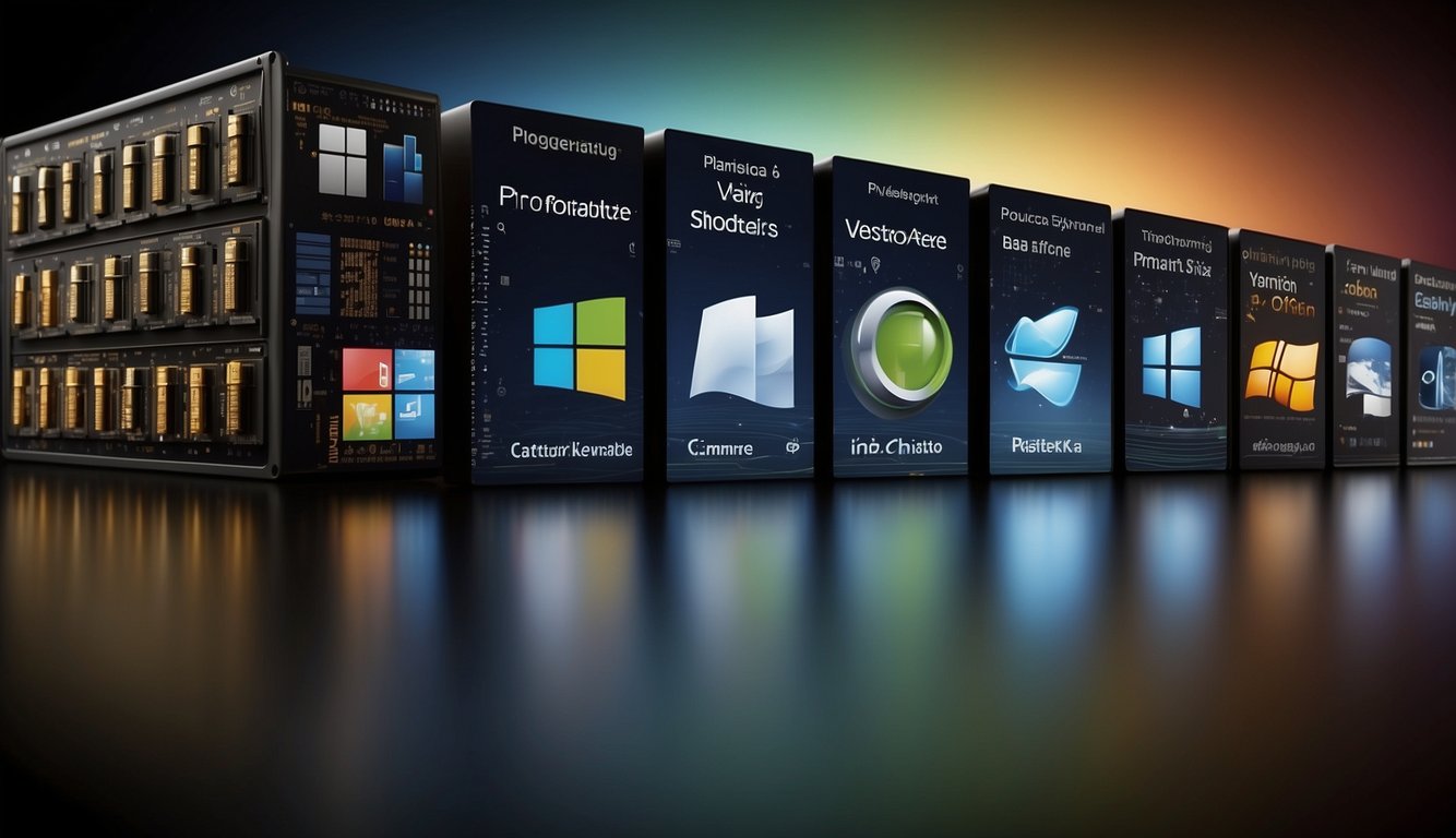 A timeline of operating systems: DOS, Windows, Mac, and Linux, progressing from left to right. Each system is represented by its iconic logo and interface